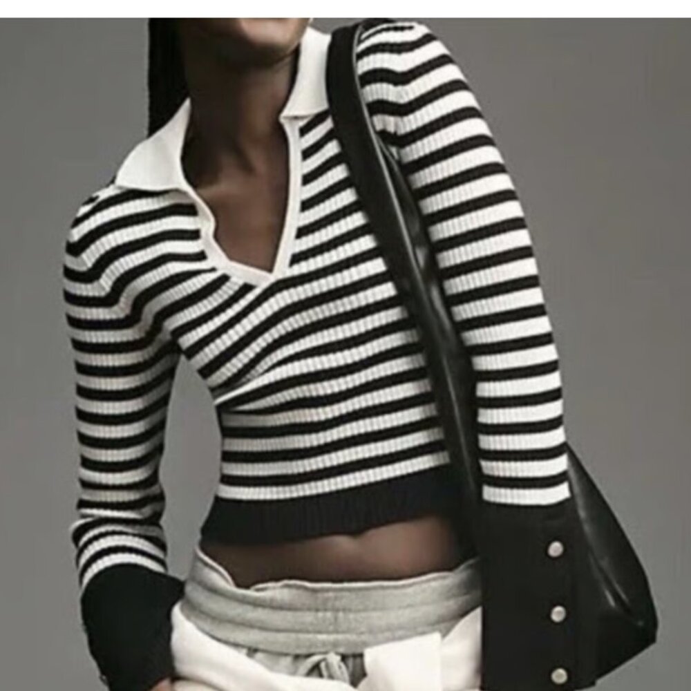 Maeve by Anthropologie Black & White Striped Bell Sleeve Sweater